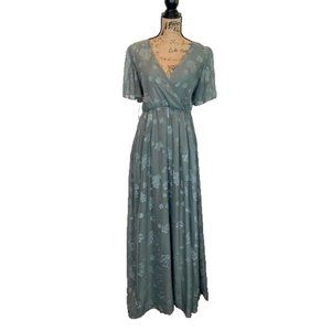 Baltic Born Floral Maxi Dress Chiffon Size Large V-Neck Coastal Sage Green